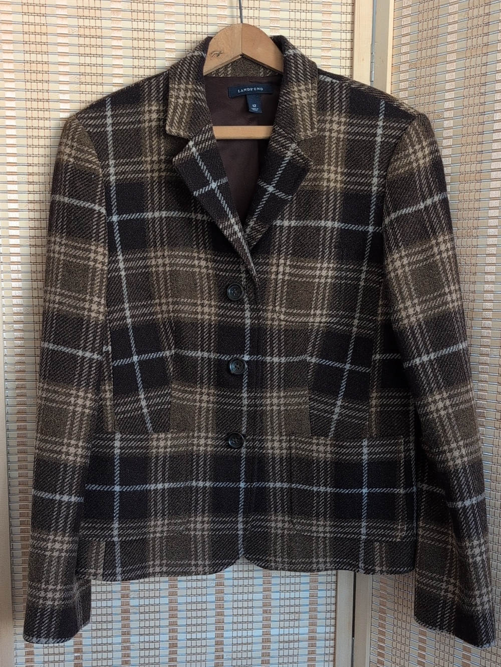 Lands' End Women's Brown Plaid Wool-Blend Blazer